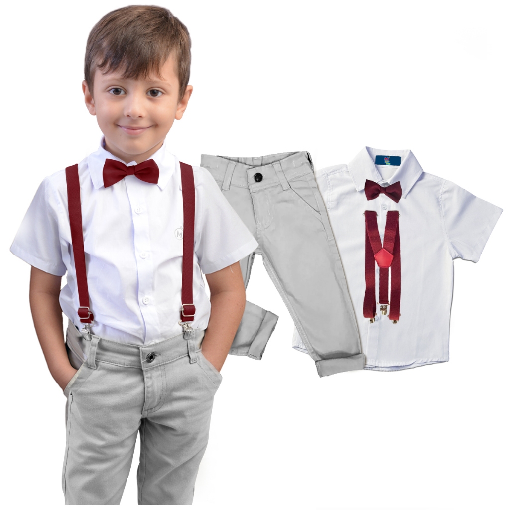 Kit Conjunto Cinza Social Infantil Menino Batizado Casamento - Camisa manga Curta - Calça bolso faca