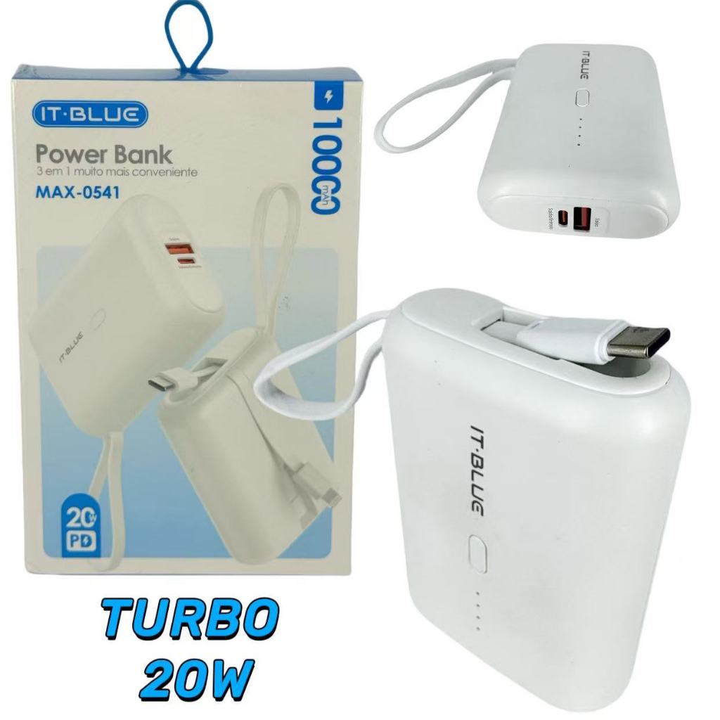 Carregador Portátil Bateria 10000Mah Turbo 20W Com Cabo IPHONE TIPO-C Universal