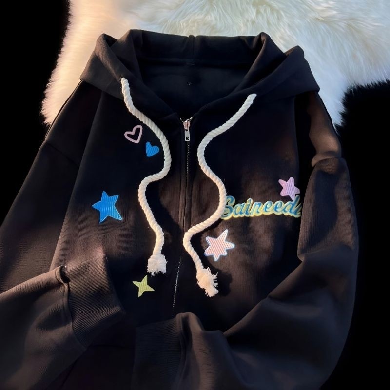 MERAH Just Jacket-Zip Hoodie Bordado Jaqueta Oversize Girl STAR LOVE RIBBON CUTE Saineell 6XL 5XL 4XL 3XL 2XL XL LM Femi
