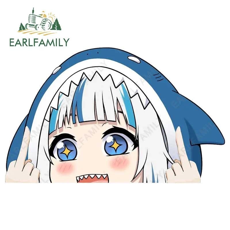 EARLFAMILY 13cm x 8cm Gawr Gura Tubarão Espreitando Anime Adesivos De Carro JDM Envoltório Caravana Decalque Divertido T