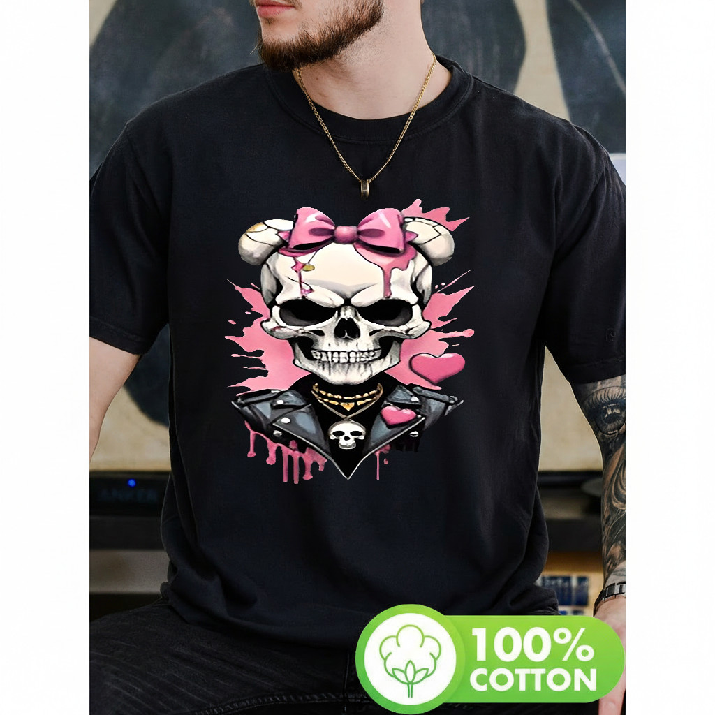 Camiseta Masculina Estampa Skull Minnie Mouse Cor Rosa Moderna Estilosa Premium Urban