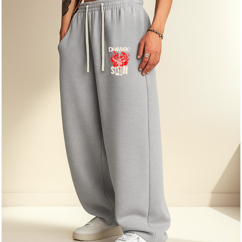 Calça Wide Leg Urban Style Moletom Confortável Unissex Algodão Estampada Dramatic Skull