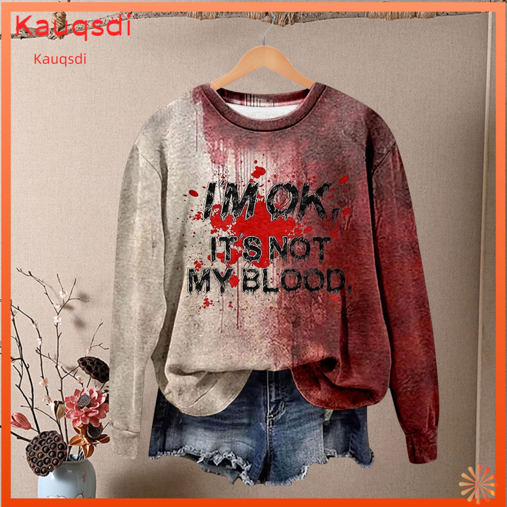 Retro Bloodstain Print Top Women Halloween Sweatshirt Women’s 3d Haunted House Cosplay Loose Long Sleeve Hoodie Round