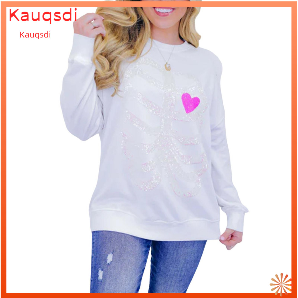 Women Halloween Sequin Sweatshirt Loose Fit Women’s Skeleton Pattern Round Neck Pullover with Decor Long Sleeves for F