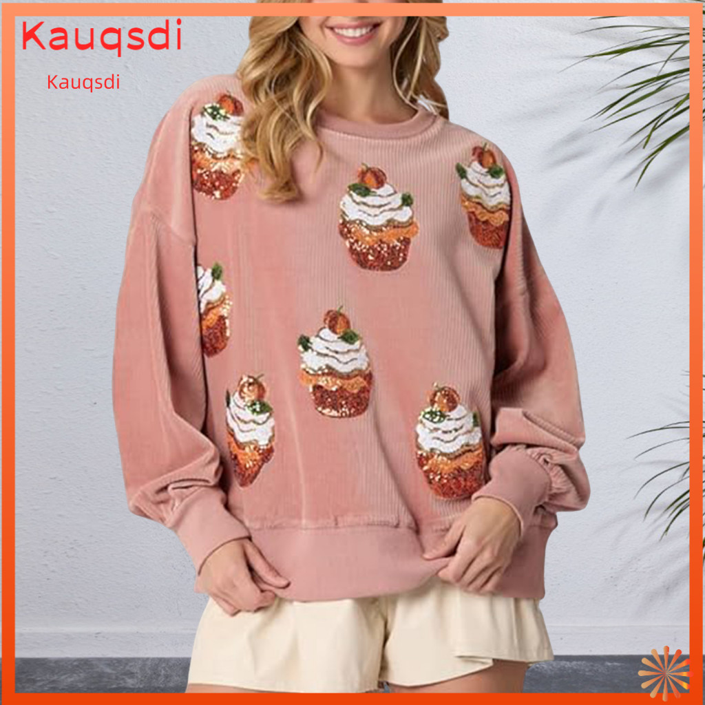 Women Sequined Sweatshirt Style Long-sleeve Jacket Women’s Fall Spring Loose Fit Round Neck Full Sleeves Sequin Cupcak