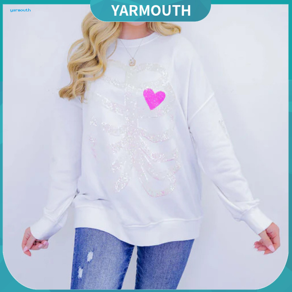 Cute Long Sleeve Halloween Jumper Women Sequin Sweatshirt Women’s Skeleton Pattern Round Neck Pullover with Decor Slee