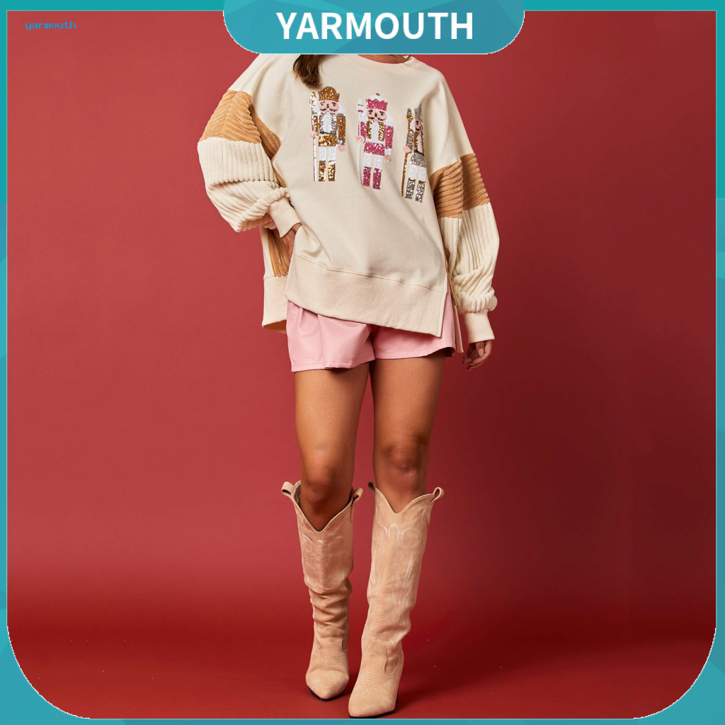 Christmas Sequined Sweatshirt Women Holiday Women’s Sequin Cartoon Pattern Colorblock Round Neck Long Sleeve Loose Mid