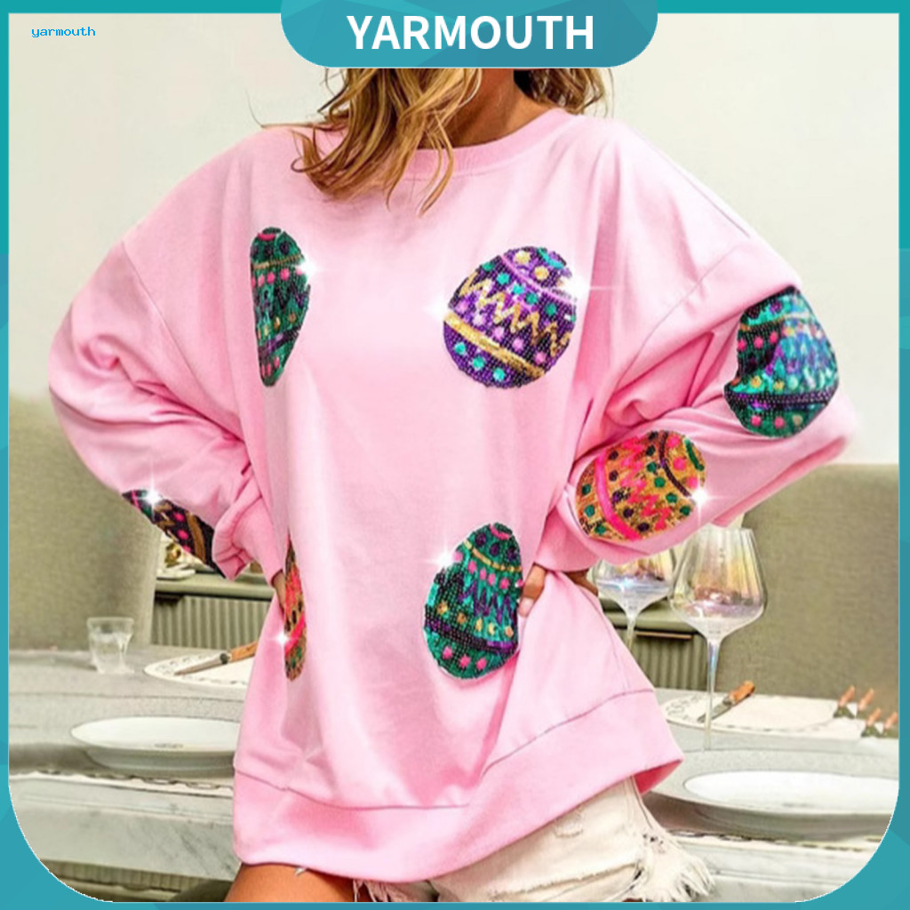 Women Pullover Top Printed Decoration Tee Women’s Round Neck Long Sleeve Loose Fit T-shirt with Sparkling Sequins and
