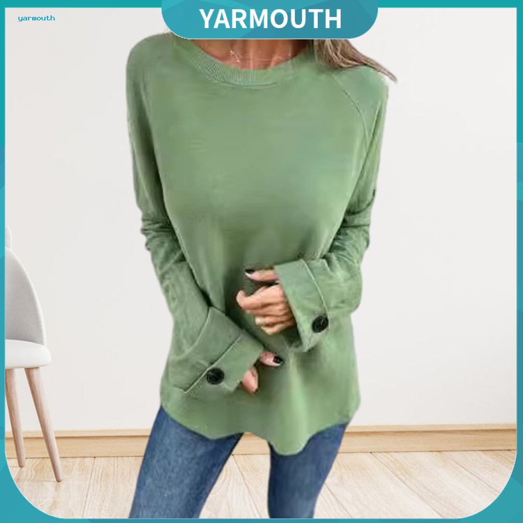 Women Loose Fit T-shirt Stretchy Top Women’s Long Sleeve Raglan Round Neck Pullover with Button Cuffs Solid Color Tee