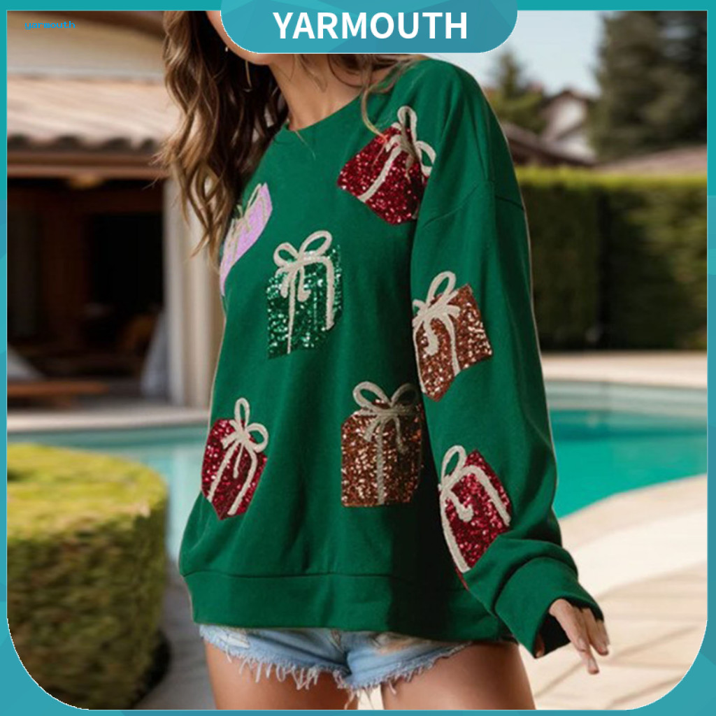 Women Christmas Sequin Sweatshirt Oversized Sequined Women’s with Gift Box Pattern Colorful Round Neck Long Sleeve for