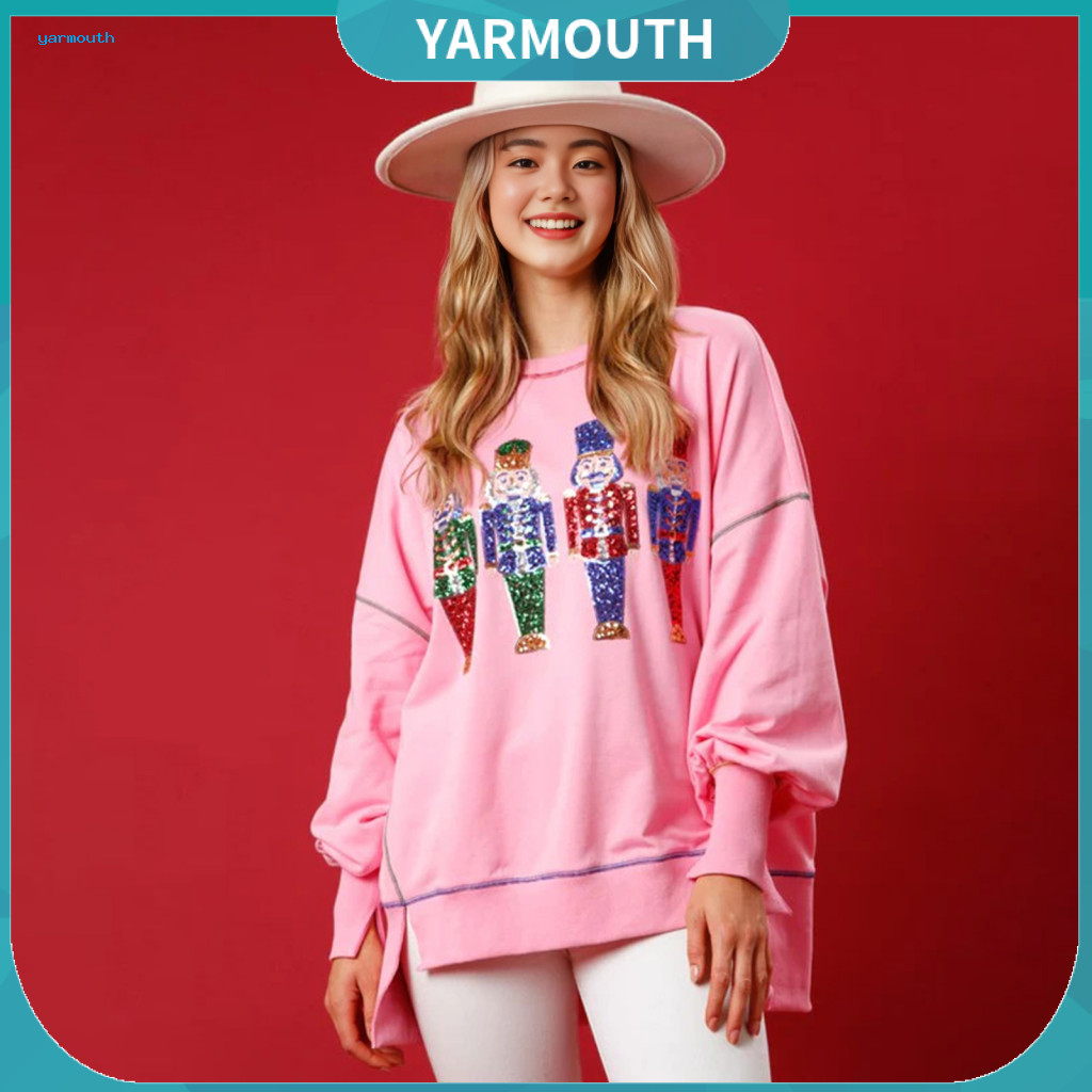 Sequin Christmas Sweatshirt Top Women’s Cartoon Pattern Round Neck Long Sleeve Slit Hem – Festive New Year for South
