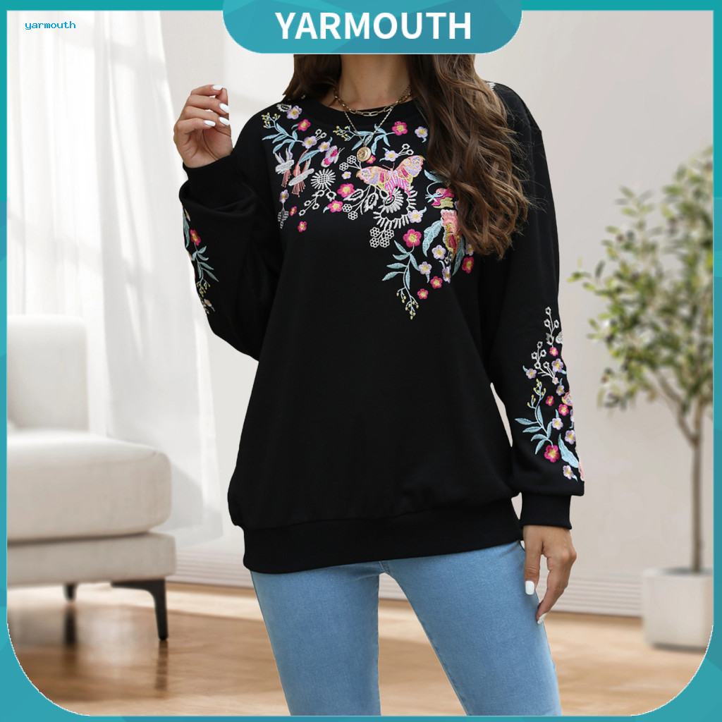 Women Sweatshirt Embroidered Print Pullover Women’s Ethnic Floral Round Neck Long Sleeve Top with Contrast Color Elast