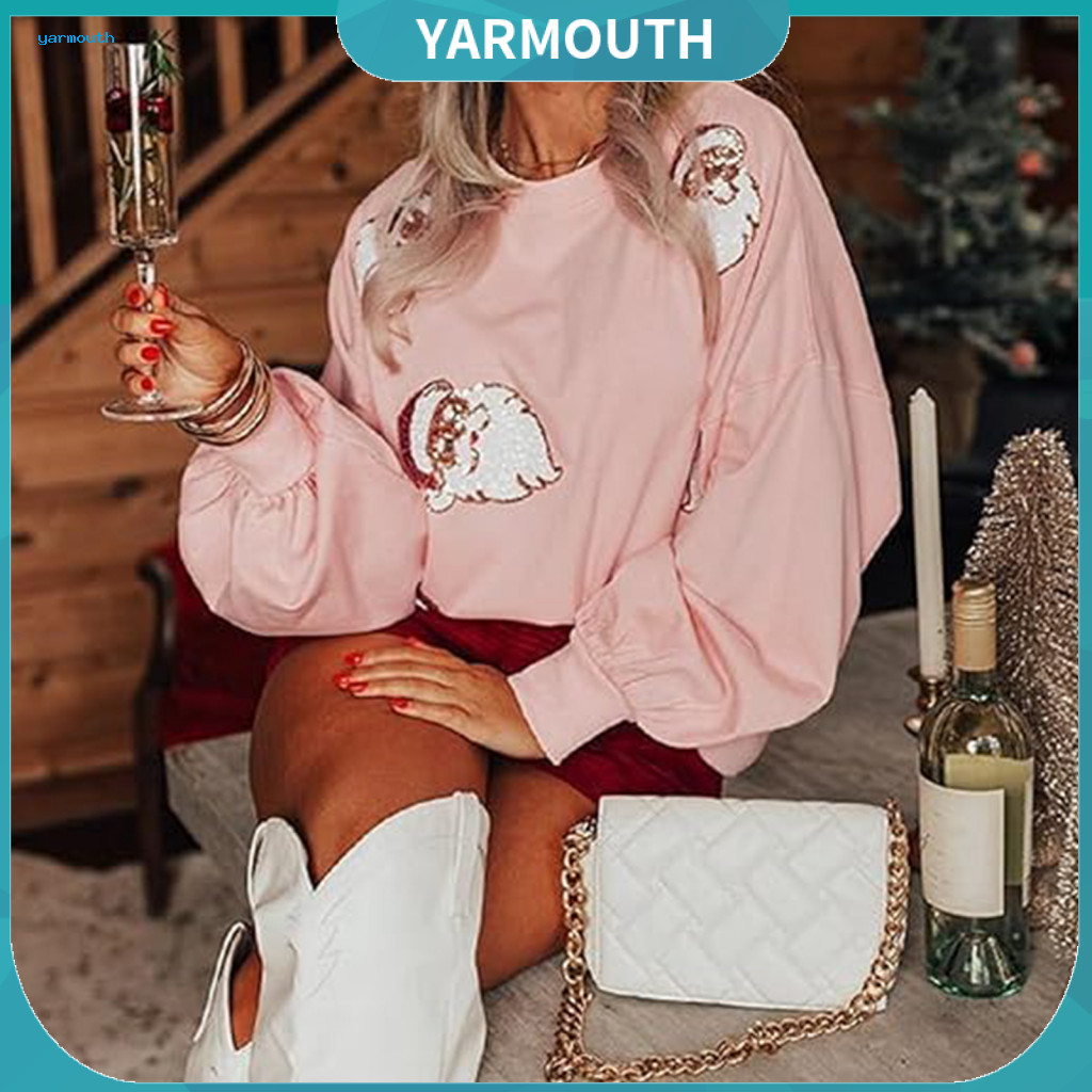 Women Christmas Graphic Sweatshirt Santa Claus Print Women’s Loose Fit Round Neck Sequin Pattern Lantern Sleeves Pullo