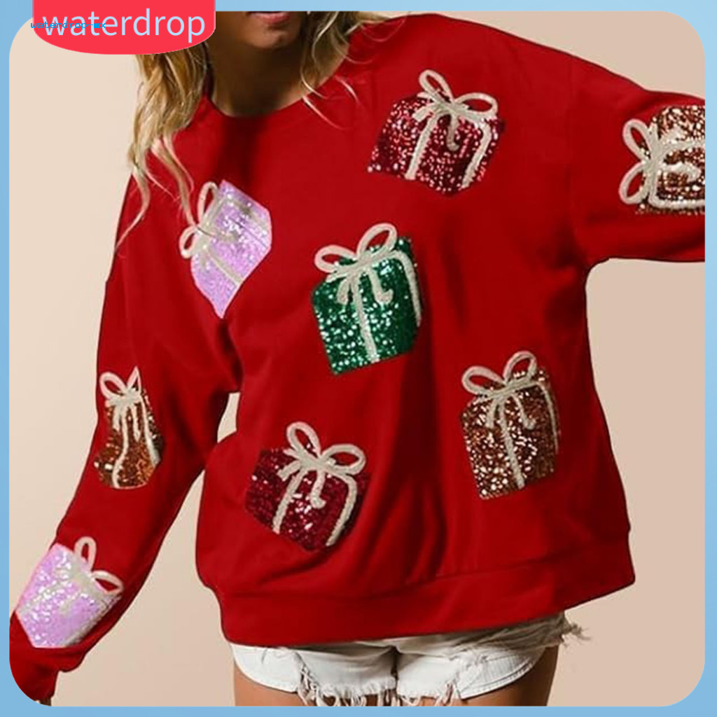 Women’s Christmas Sweatshirt with Sequin Gift Box Pattern Colorful Round Neck Long Sleeve Loose Pullover Mid-length Ho