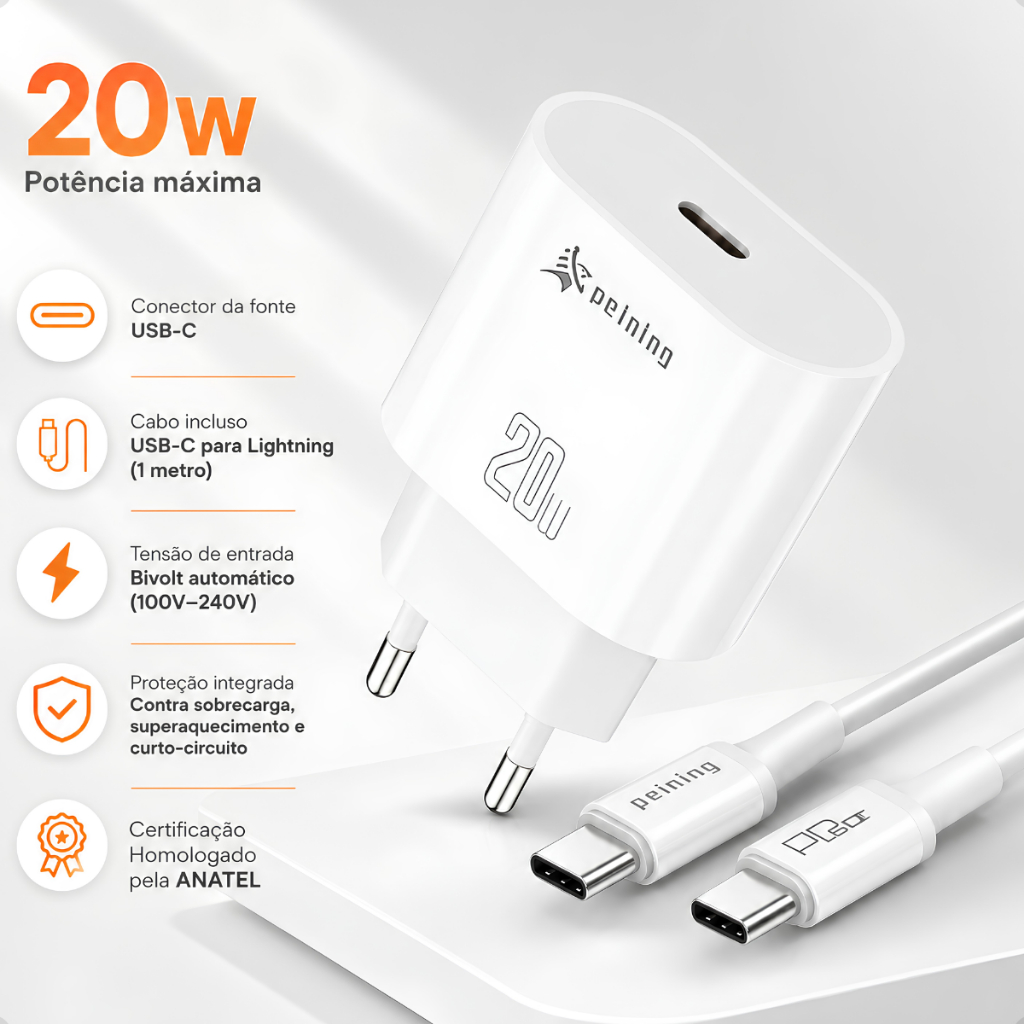 Carregador Rápido 20w Power Delivery + Cabo Tipo-C/Tipo-C Fast Charge Cor Branco Original Peining