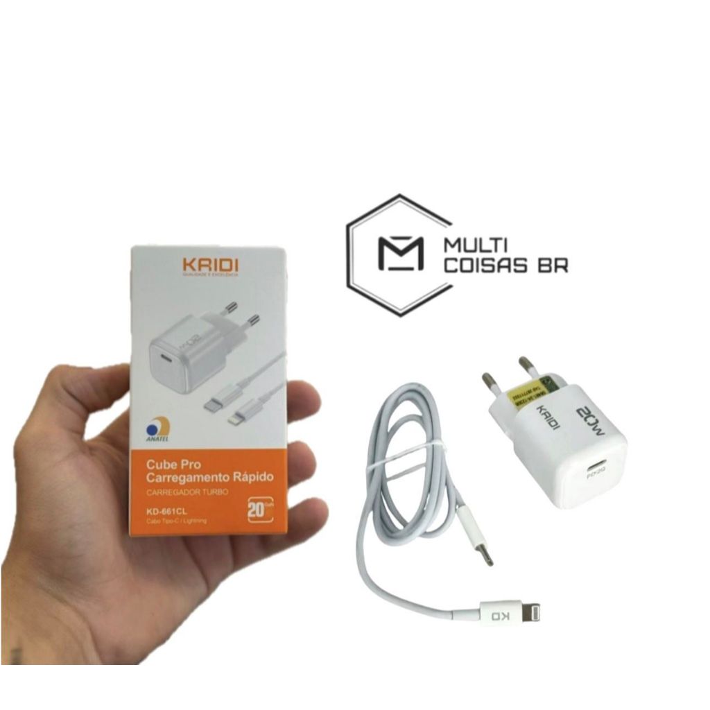 Carregador Turbo KRIDI 20W KD-661CL + Cabo Tipo-C/Lightning | Fast Charge | Original | Anatel