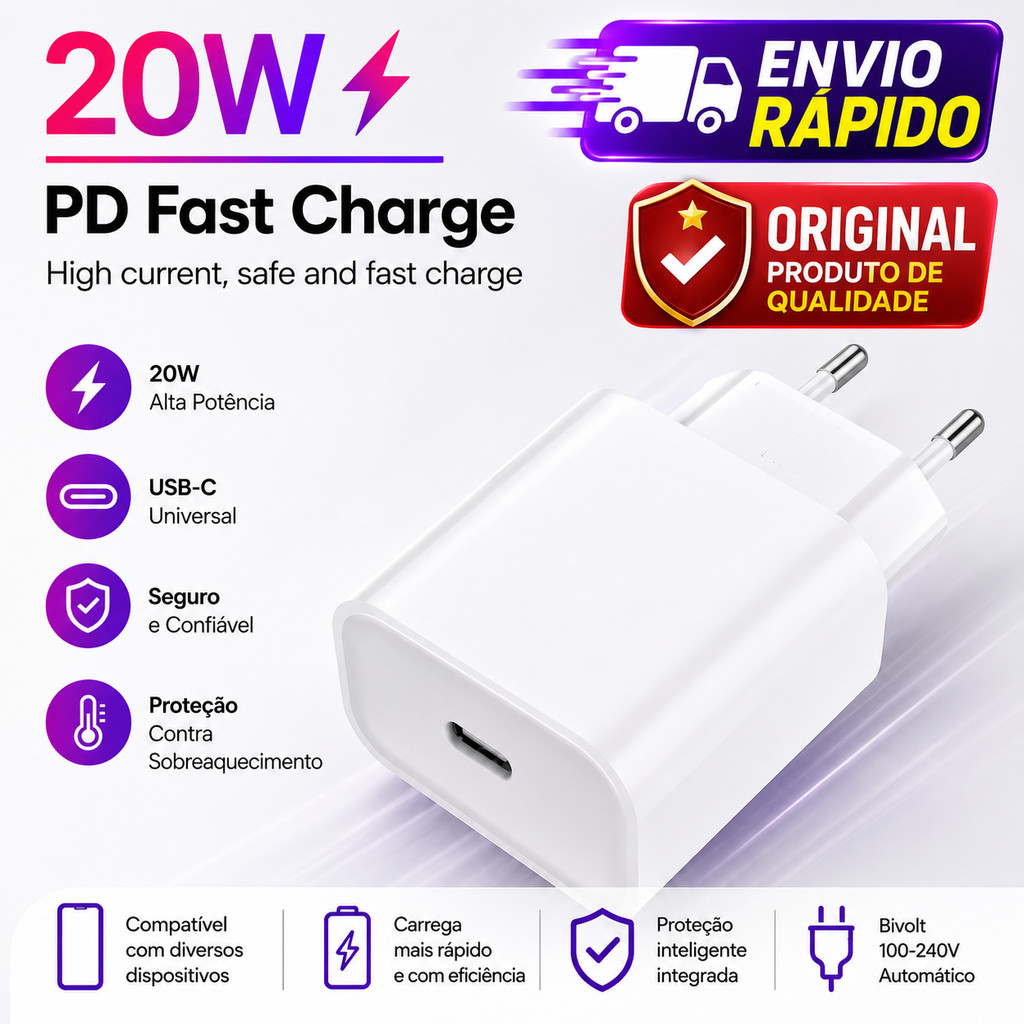 Carregador Turbo PD 20W Original Tipo C Para iPhone XR 11 12 13 14 15 16 17 Fonte Fast Charge