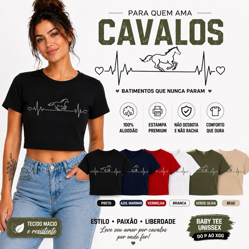 Baby Tee Cavalo Batimentos Cardíacos | Feminina | Horse Heartbeat | Camiseta Country Cropped |  Minimalista 100% Algodão
