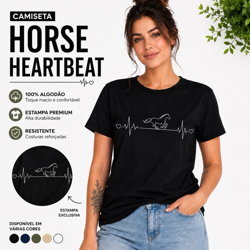 Camiseta Cavalo Batimentos Cardíacos | Horse Heartbeat | Estampa Country 100% |  Algodão | Unissex Adulto e Infantil