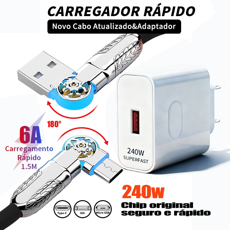 Cabo de Dados 180° Rotação Dupla (Tipo C/Micro USB/iP) + Carregador 2 Portas 280W