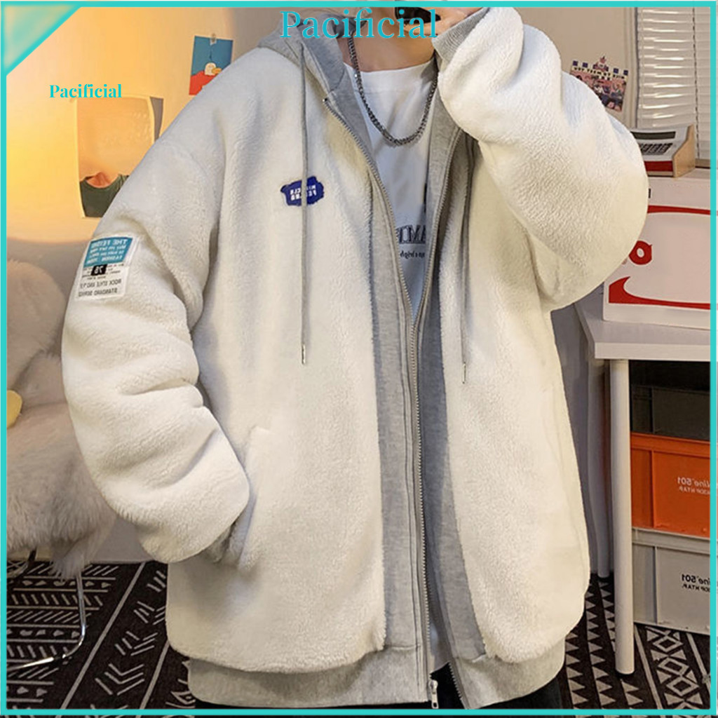Couple Hoodie Colorblock Imitation Lambswool Patchwork for Men Women Warm Thick Winter Coat with Zipper Drawstring Pocke