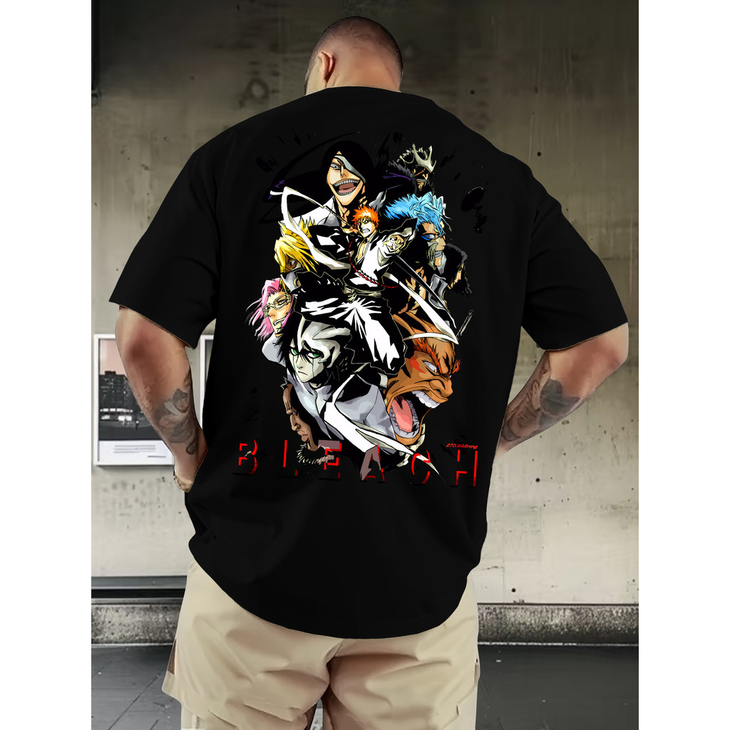 Camiseta Masculina Anime BLEACH Letter Print Round Neck Casual Confortável Estilosa Divertida Verão