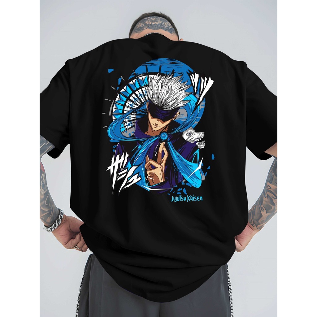 Camiseta Masculina Oversized Gojo Satoru Anime Print Relaxed Fit Round Neck Confortável Estilosa Versátil Casual