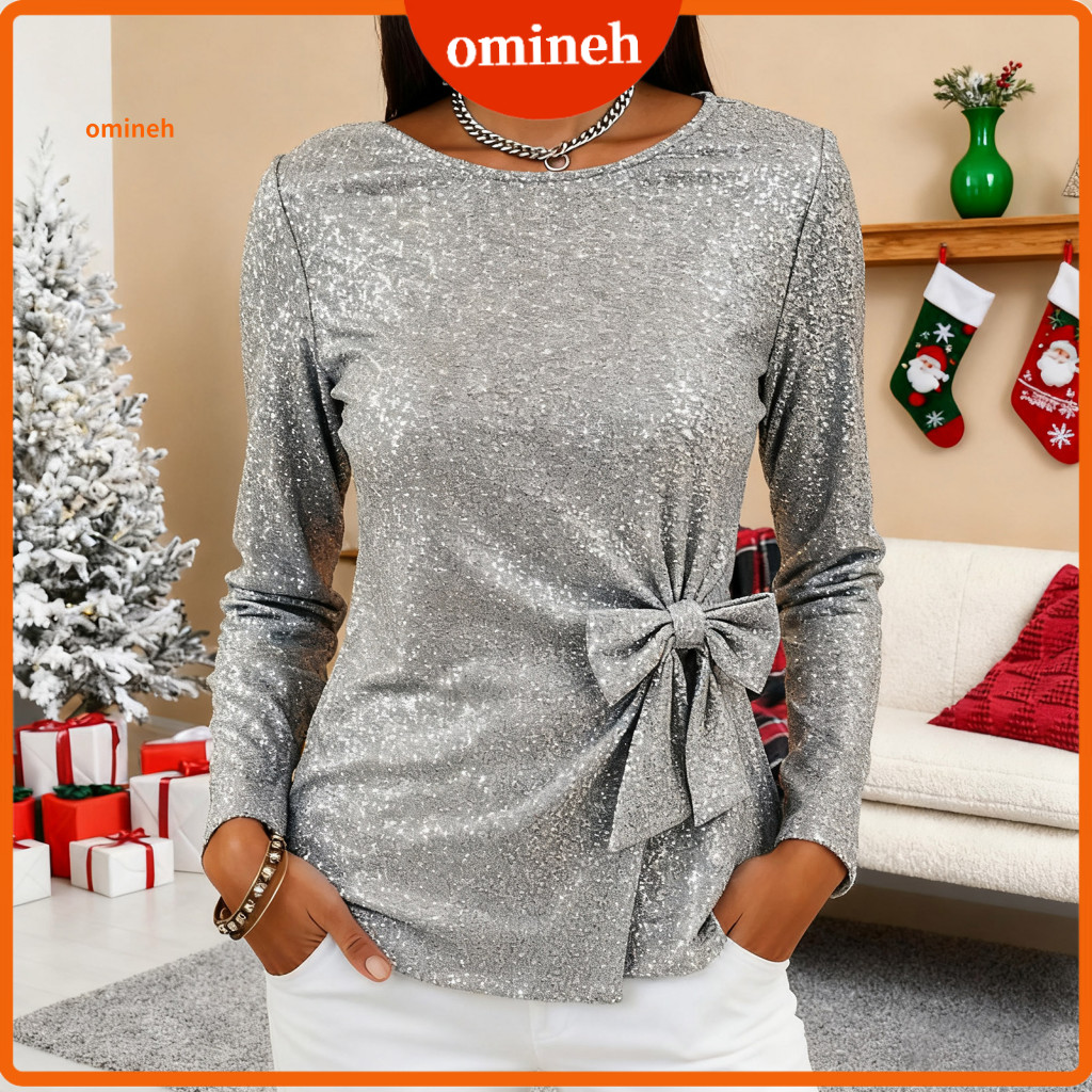Women Tops Soft Blouse Women’s Sparkling Sequin Long Sleeve Top with Bow Tie Accent – Casual Round Neck Pullover Sty