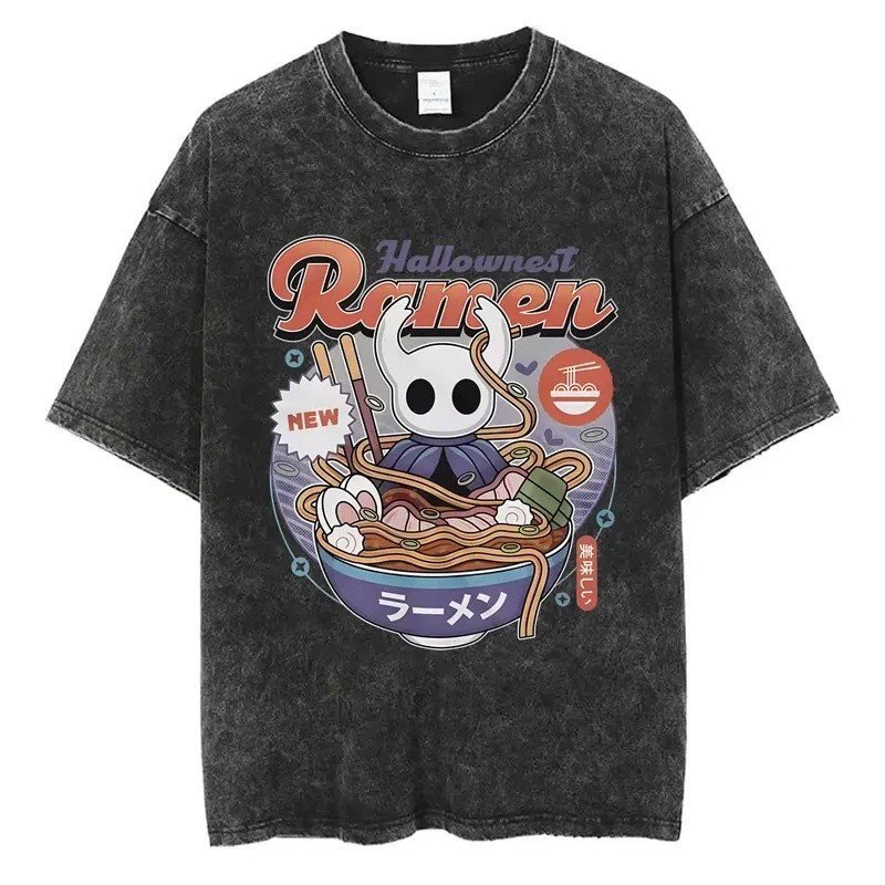 Washed Vintage Game Hollow Knight Ramen Graphic T-shirt Men Women Casual Oversized Cotton T-shirts Male Fashion Cartoon