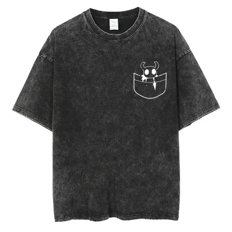 Washed Vintage Game Hollow Knight Pocket Graphic T-shirt Men Women's Casual Funny Oversized T-shirts Men's 100% Cotton T