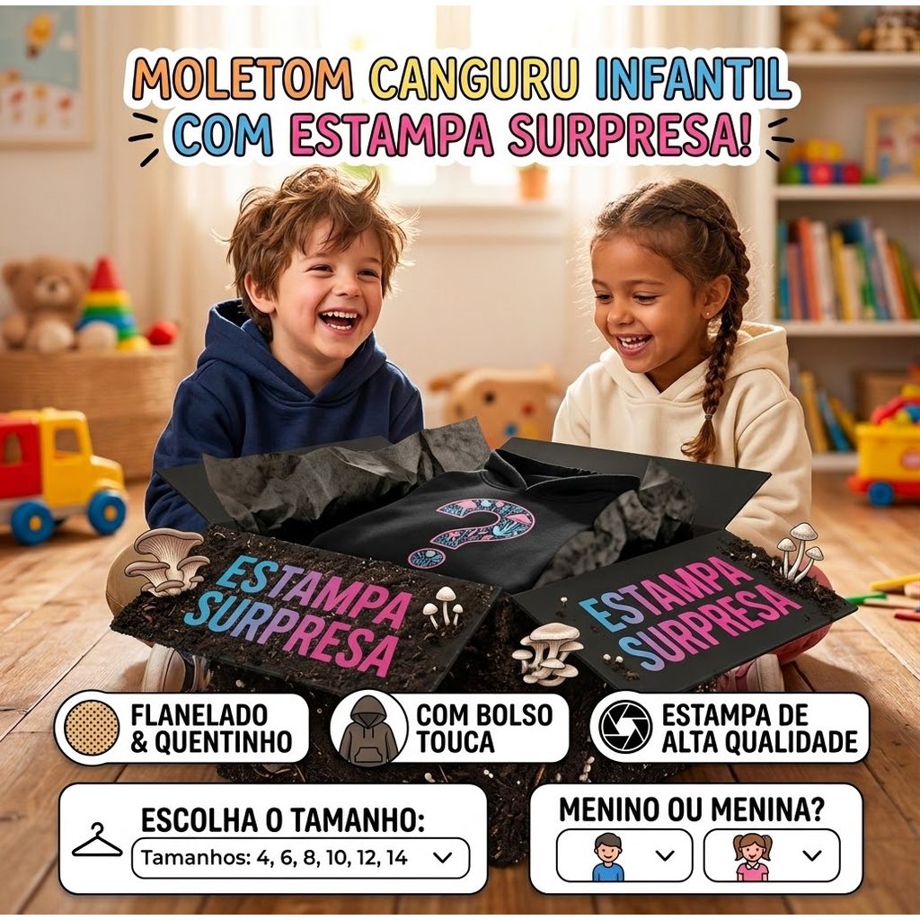Moletom Infantil Menina Menino Com Capuz E Bolso Estampa Surpresa Quentinho