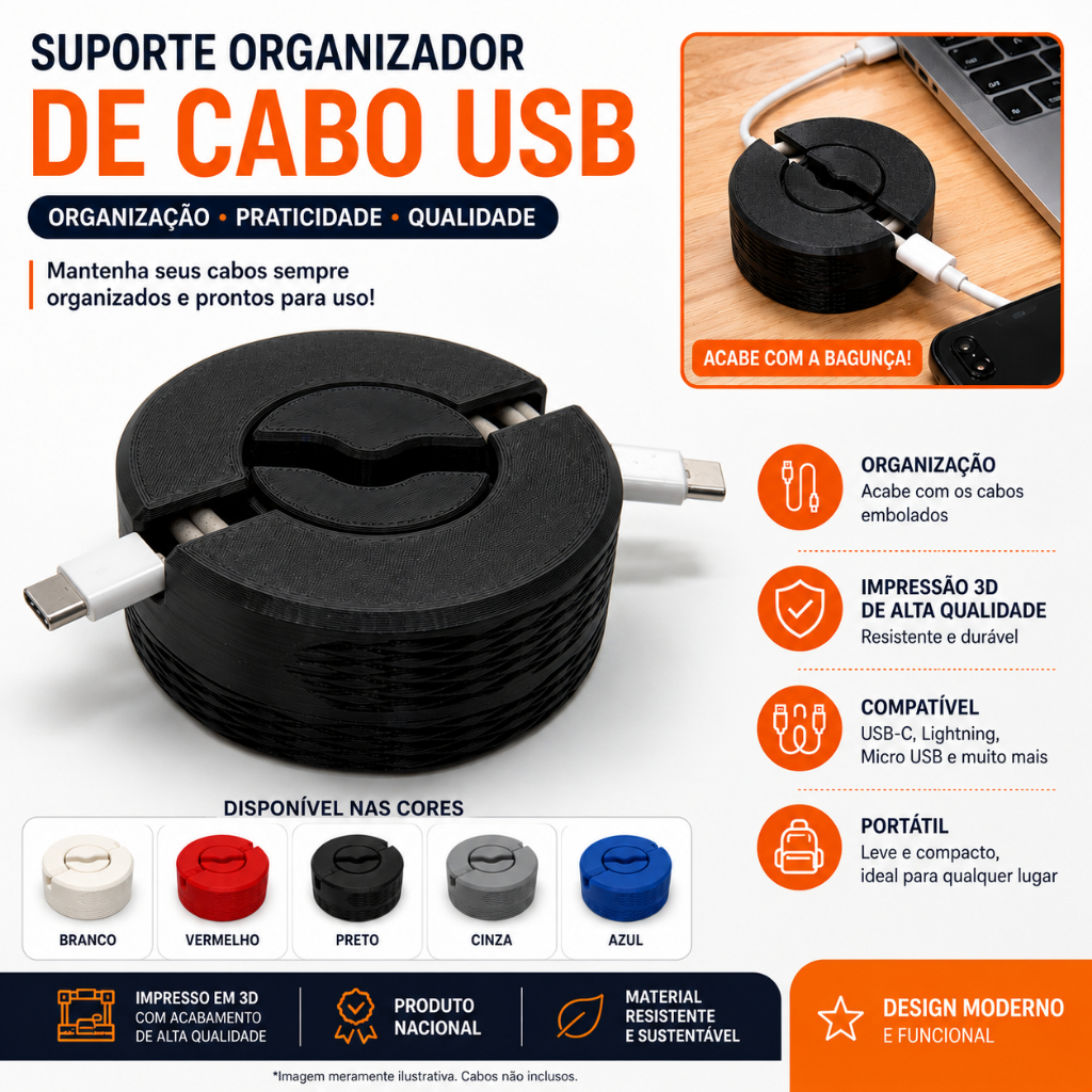 Suporte organizador de cabo USB, Iphone, Android e outros.