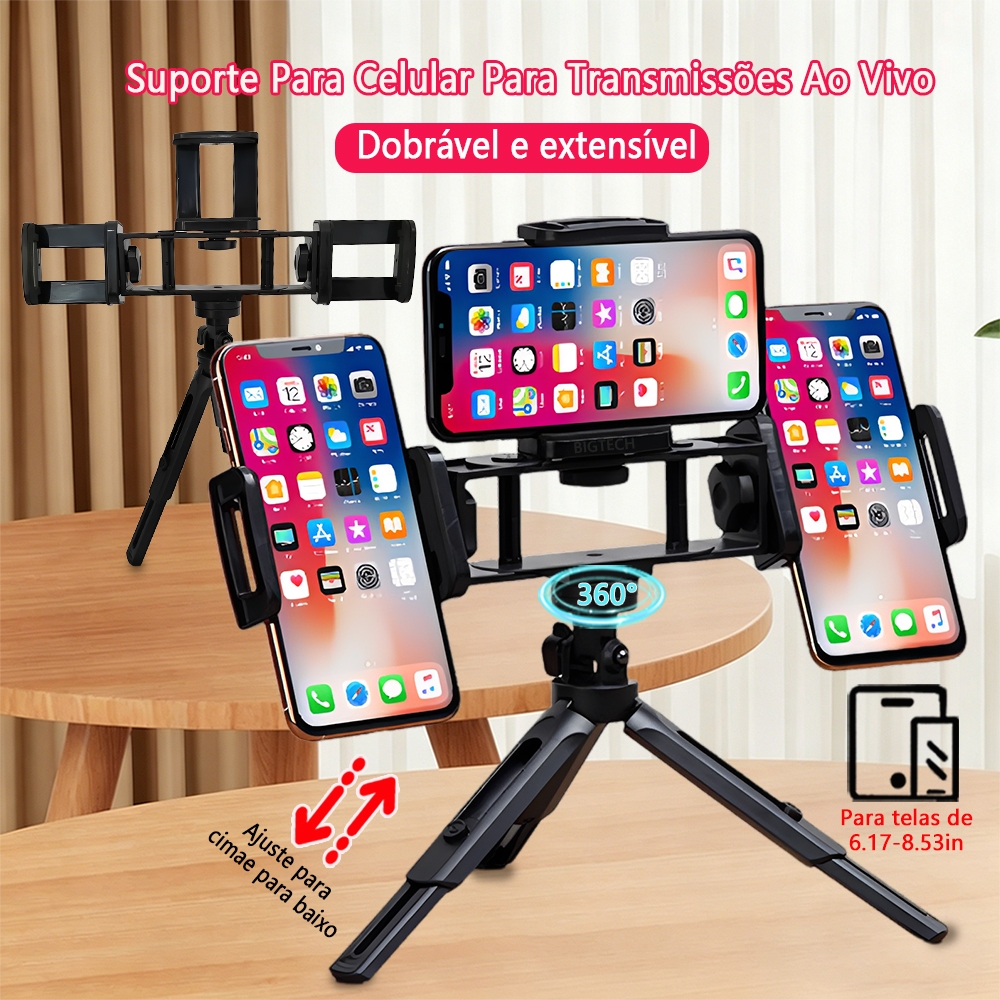 Suporte Celular para Live com Tripé, Suporte de Mesa Ajustável para Vídeo, Streaming e Gravação