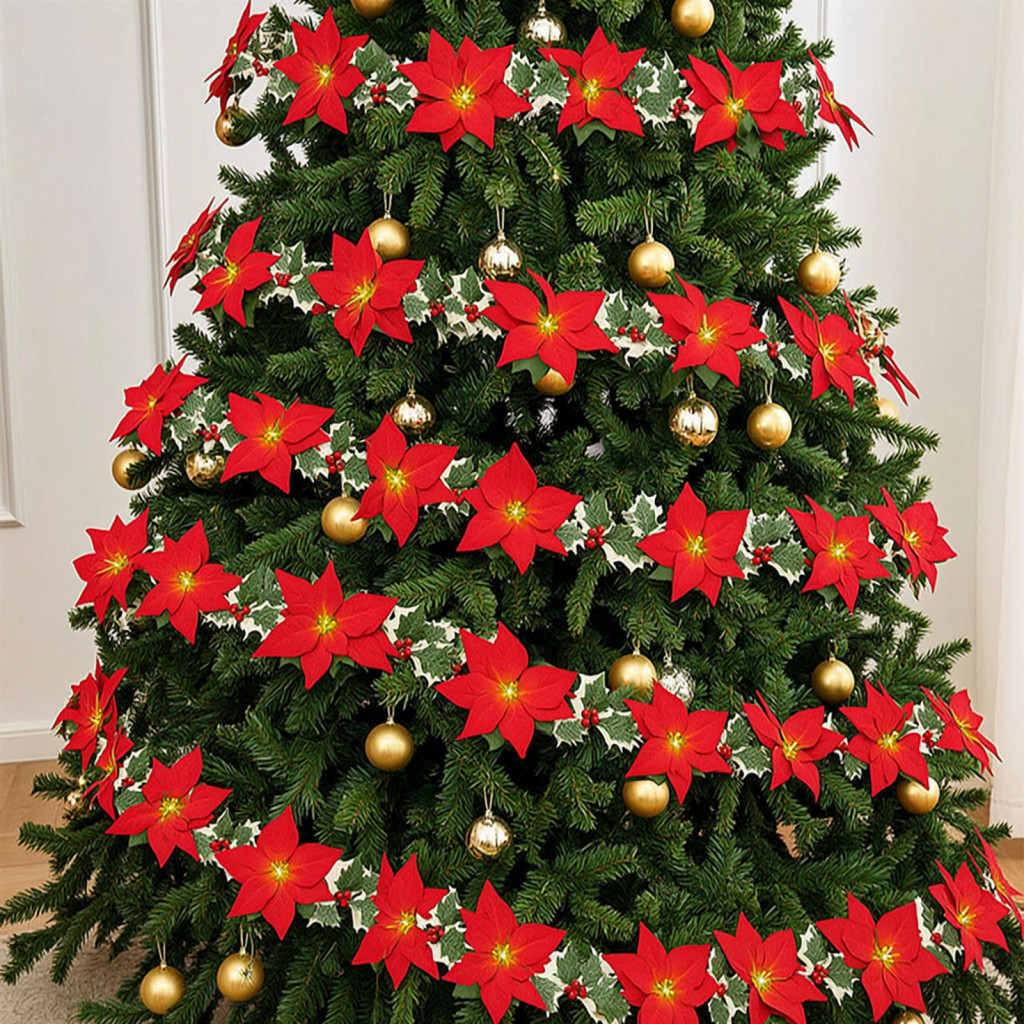 Christmas Decorative Lanterns Poinsettia String Lights 200/300cm Green Floral Garland Battery Usb Operated Fairy for Ind