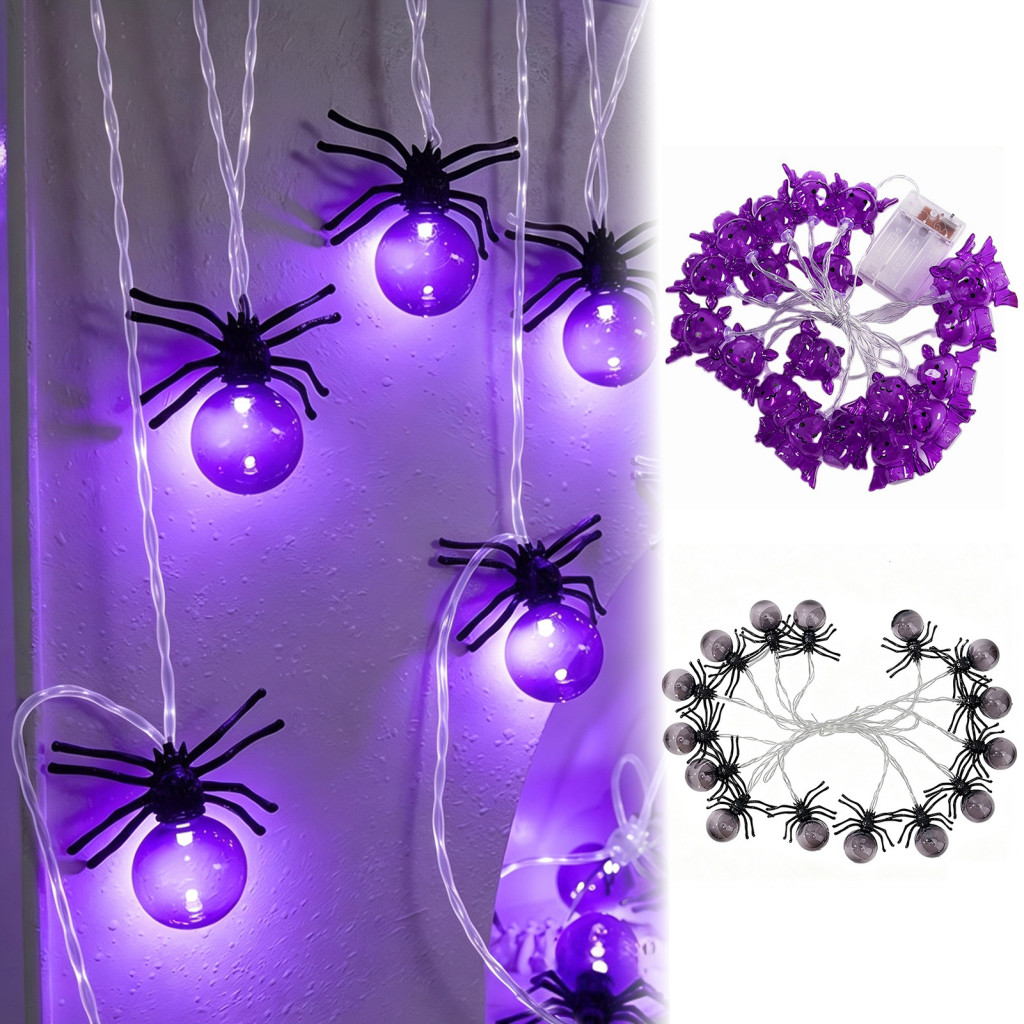 Halloween Spider String Lights Dual Color Purple Warm White Fairy 10/20ft Battery Operated Led Bat Garland 20/40 for Hom