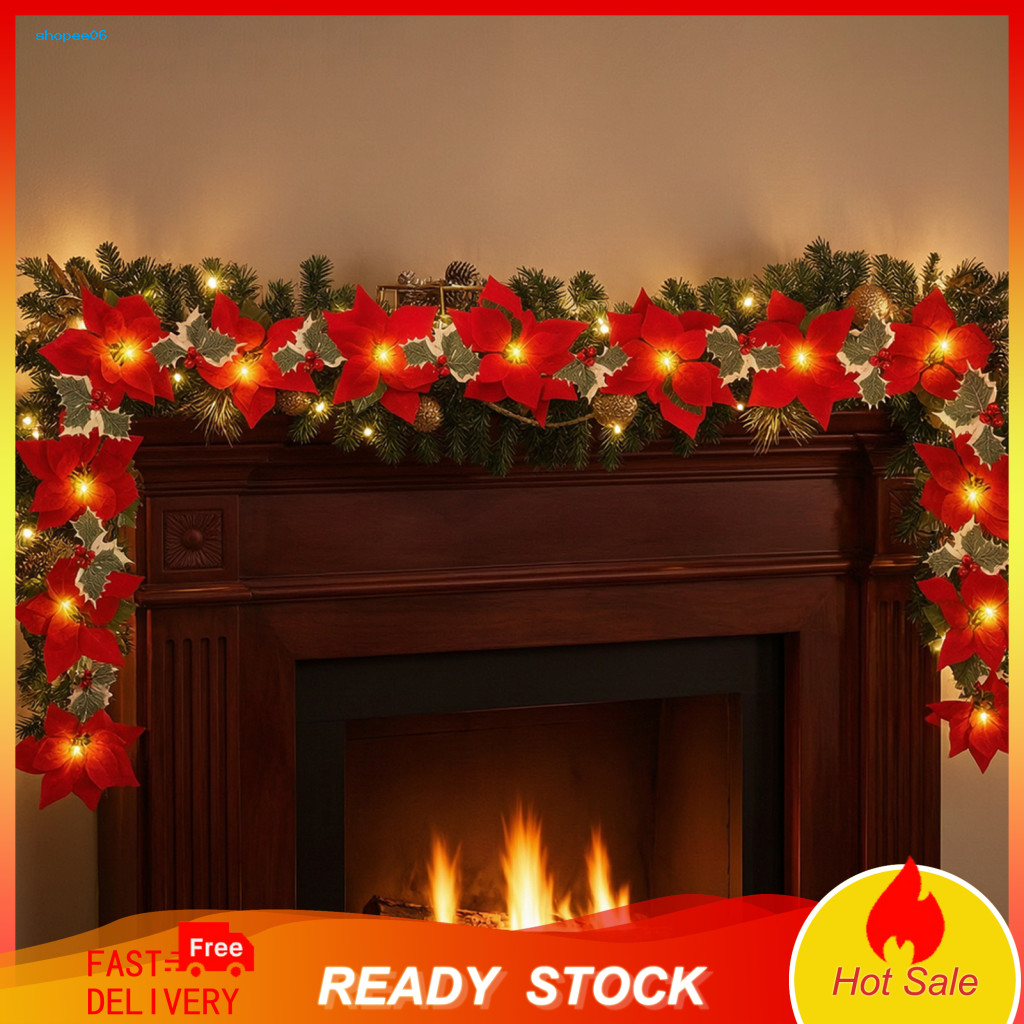 Seasonal Tree Ornament Christmas Poinsettia String Lights 200/300cm Green Floral Garland Battery Usb Operated Fairy for