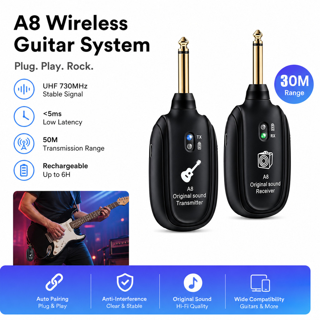 A8 Wireless Guitar System Transmitter Receiver UHF 730MHz Rechargeable Low Latency 50M Range Plug Play Anti-Interference