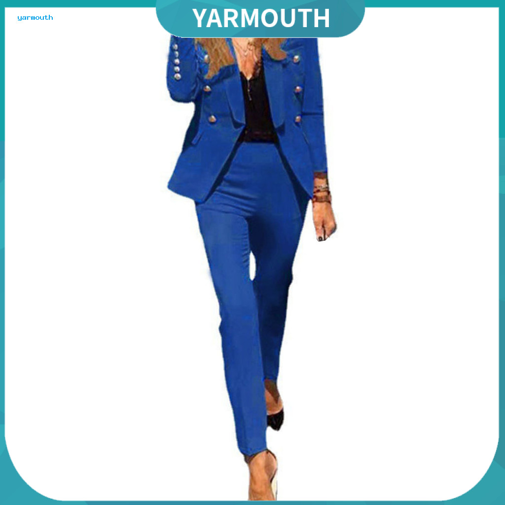 Formal Coat Pants Set Women 2 Pcs Business Suit – Long Sleeve Button Cardigan Blazer High Waist Straight Elegant for C
