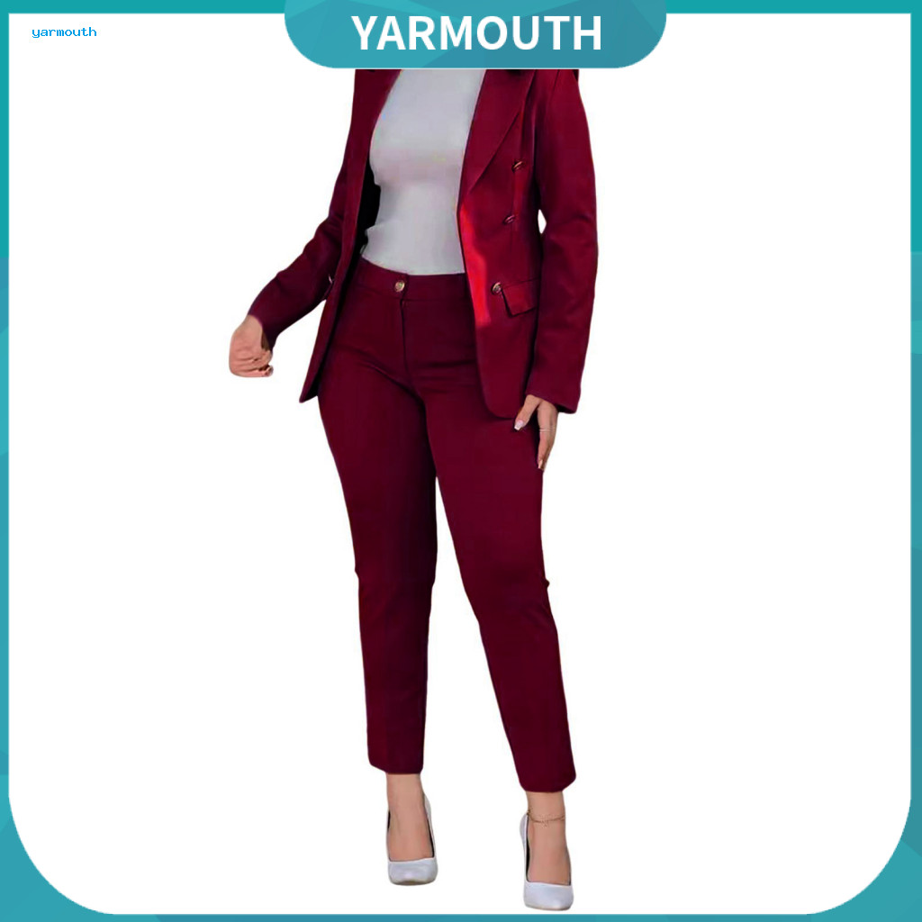 Lady Jacket Pants Set Women Coat 2 Pcs Formal Suit – Double-breasted Blazer with Turn-down Collar Slim Fit Long Sleeve