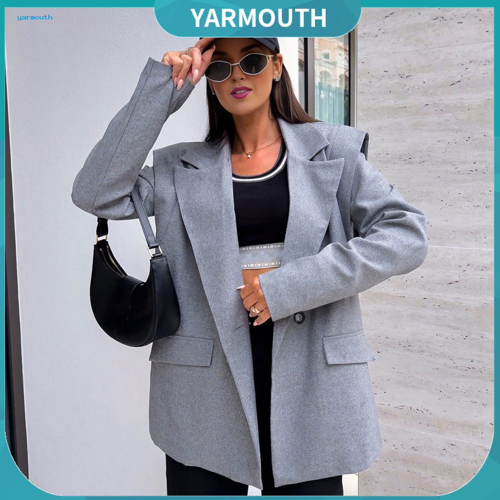 Women Suit Coat Urban Style Women’s Business Jacket Solid Color Loose Fit Blazer with Lapel Long Sleeves Button Closur