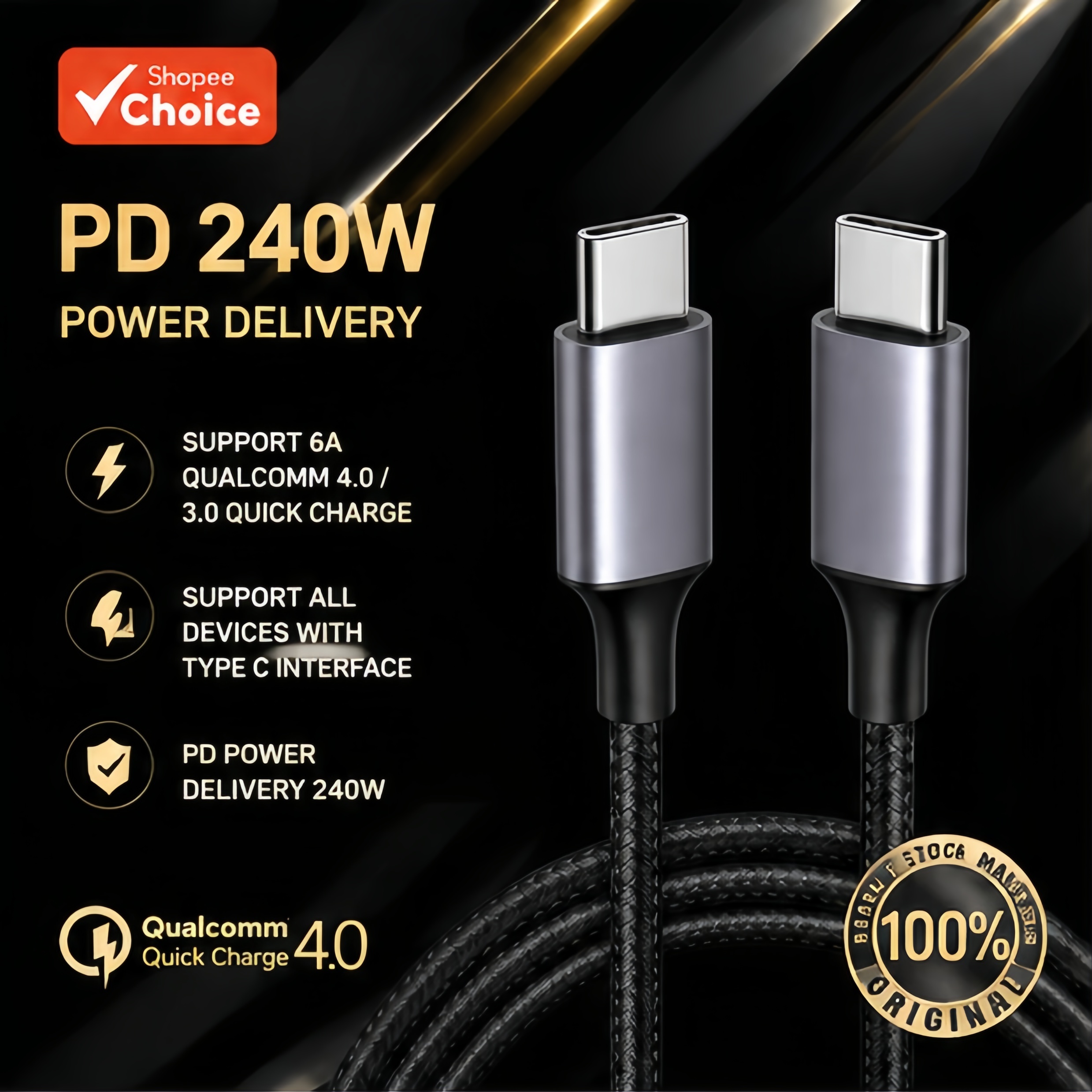 Cabo de carregamento rápido USB C Ultra Fast 240W para iPhone, Xiaomi, Huawei, MacBook, Samsung com proteção metálica