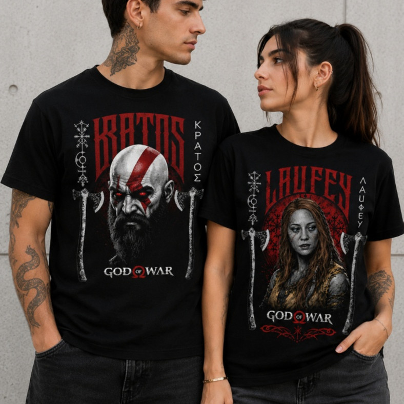 Camiseta Casal God of War Kratos Laufey Individual 1 Peça 100% Algodão Estampa Grande Halftone Unissex Plus Size