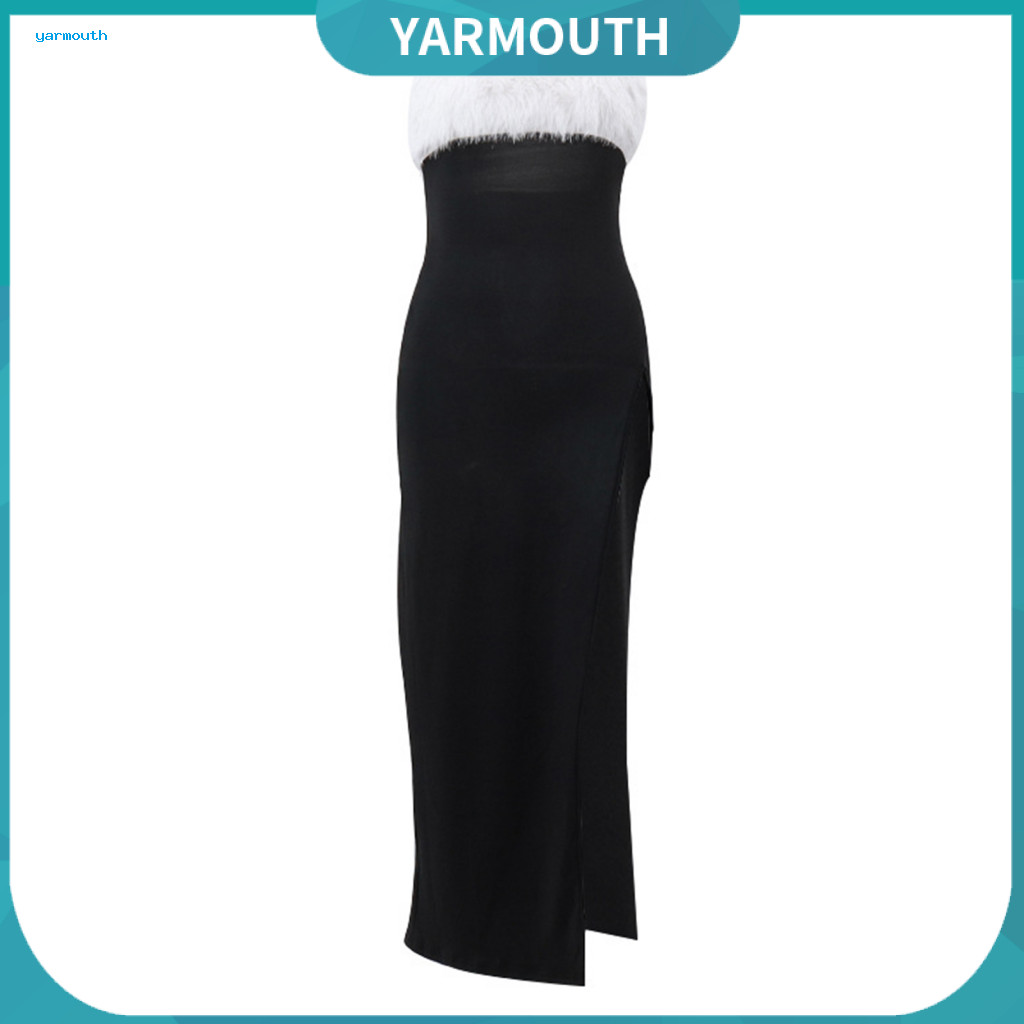 Women Tube Top Dress Women’s Off-shoulder Sleeveless Backless Maxi with Faux Fur Side Slit Evening Gown Cocktail Party