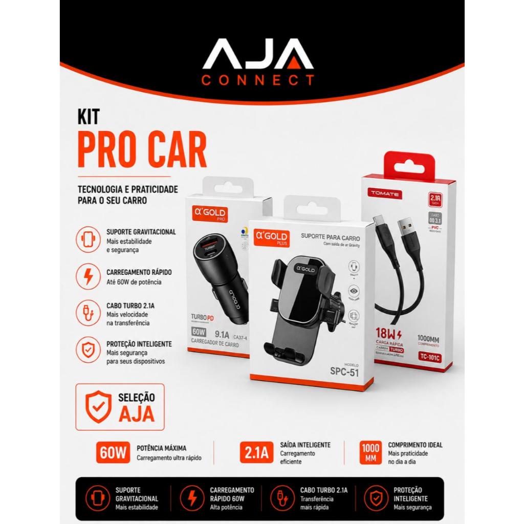 Kit Pro Car AJA Connect | Suporte Veicular + Carregador Turbo 60W + Cabo USB-C Tipo C 1 Metro