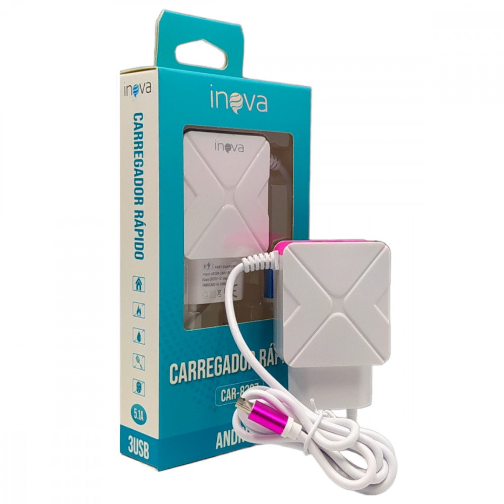 Carregador Completo com Fio 5.1A Tipo V8 e 03 portas USB INOVA CAR-8397-V8