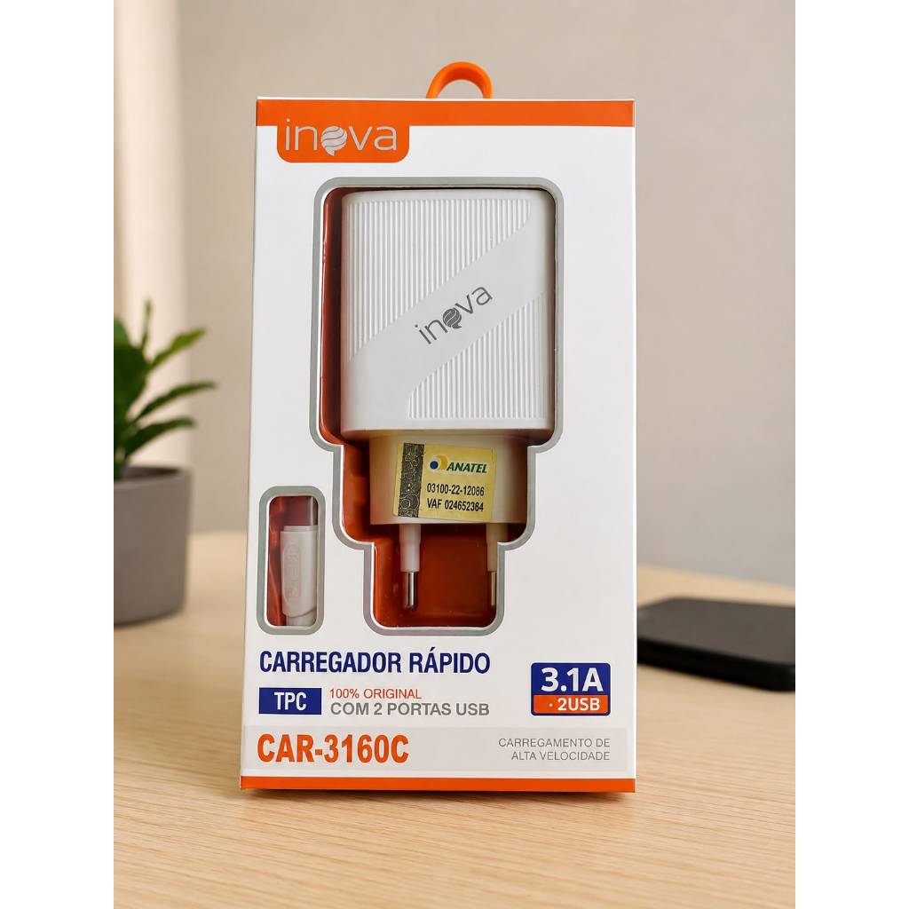 Carregador Rápido Inova CAR-3160C 3.1A 2 Portas com Cabo Tipo C Original.