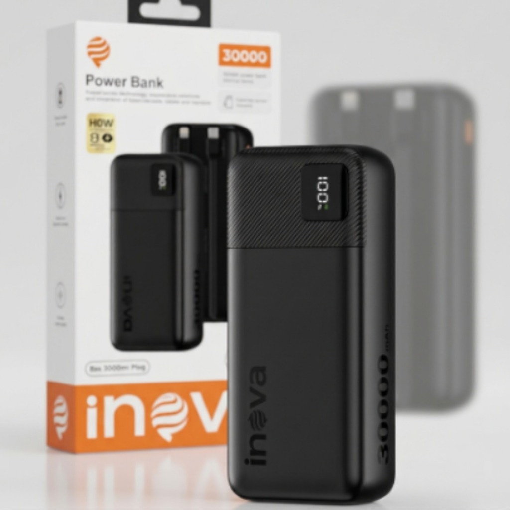 Power Bank Portátil Inova 30.000mAh de Carregamento Rápido com Display LED para iPhone e Android e Multiplos Dispositivo