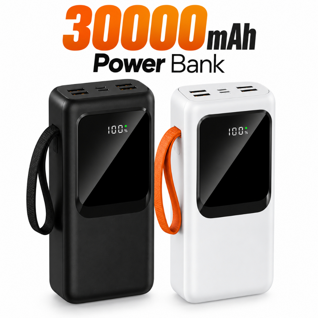 Power Bank 30.000mAh Carregador Portátil PD Ultra Rápido Turbo iPhone Android Com Cabo Integrado