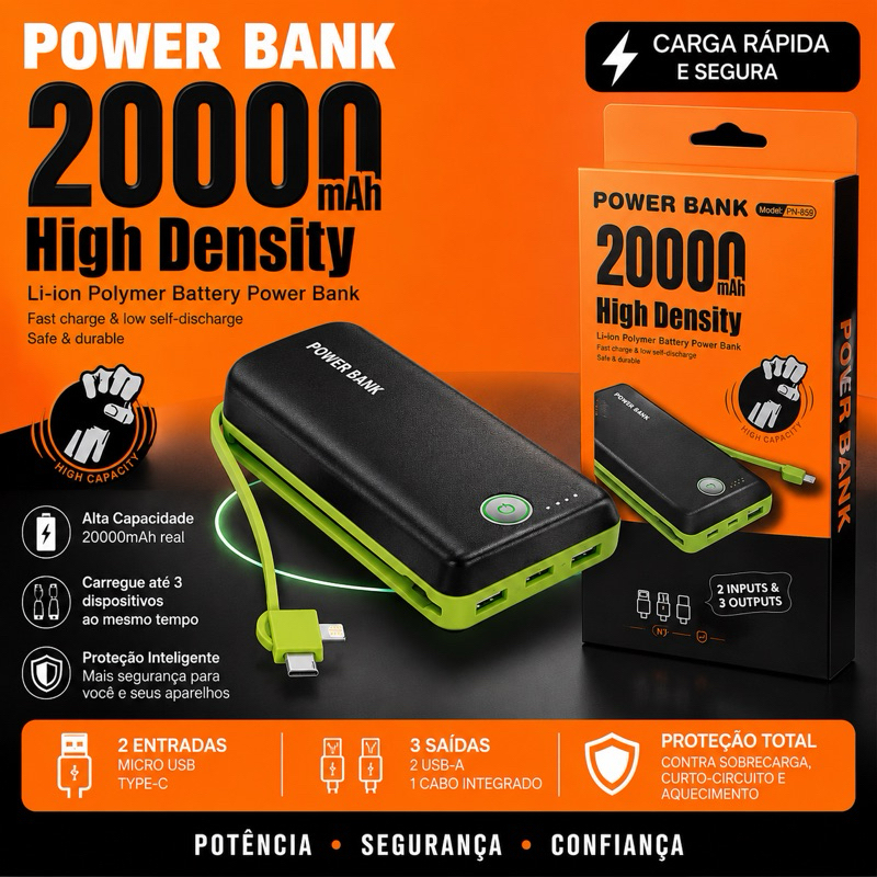 CARREGADOR BATERIA POWER BANK 20000mah TURBO UNIVERSAL iphone tipo-c v8
