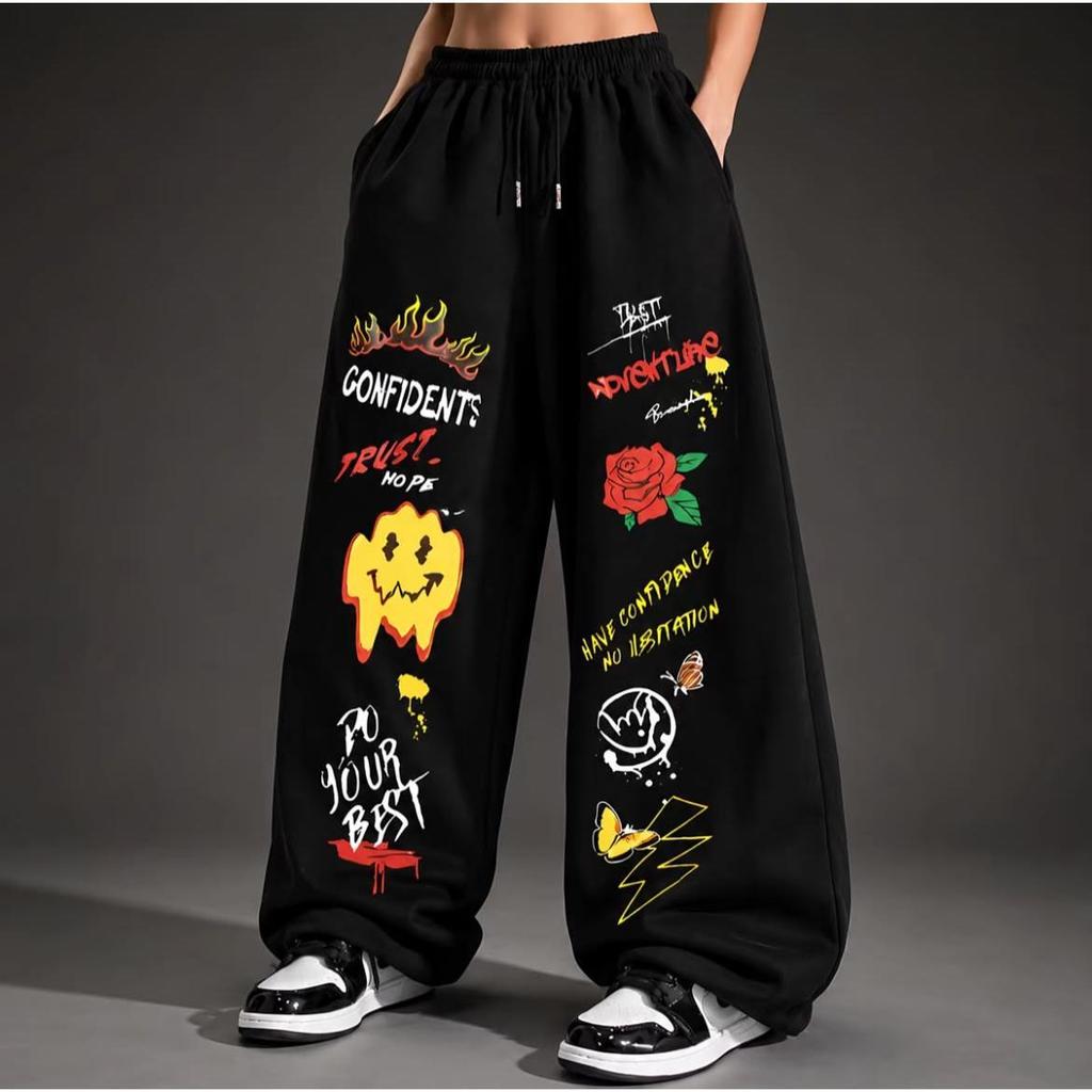 Calça Wide Leg Premium Unissex Graffiti Flores Your Best Hip Hop Oversized Baggy Premium Perna Larga